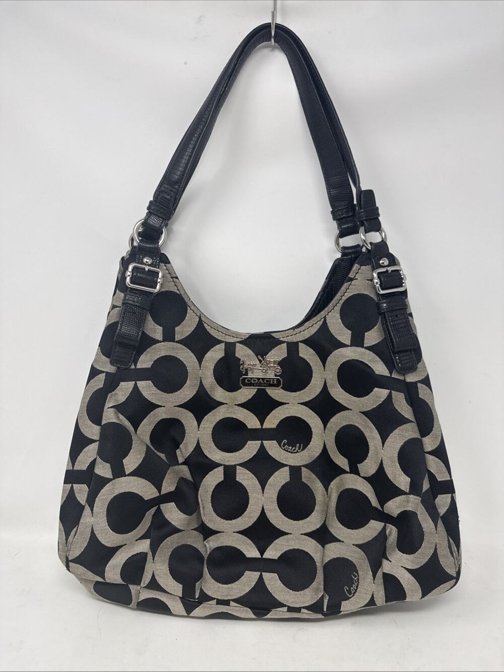 Coach Maggie Op Art Signature Shoulder Bag Black Purple Lining Silver